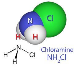 3D molecular model of chloramine, NH2Cl, with a green chlorine, blue nitrogen, and white hydrogen atoms. Structural formula shown, text reads "Chloramine NH2Cl."