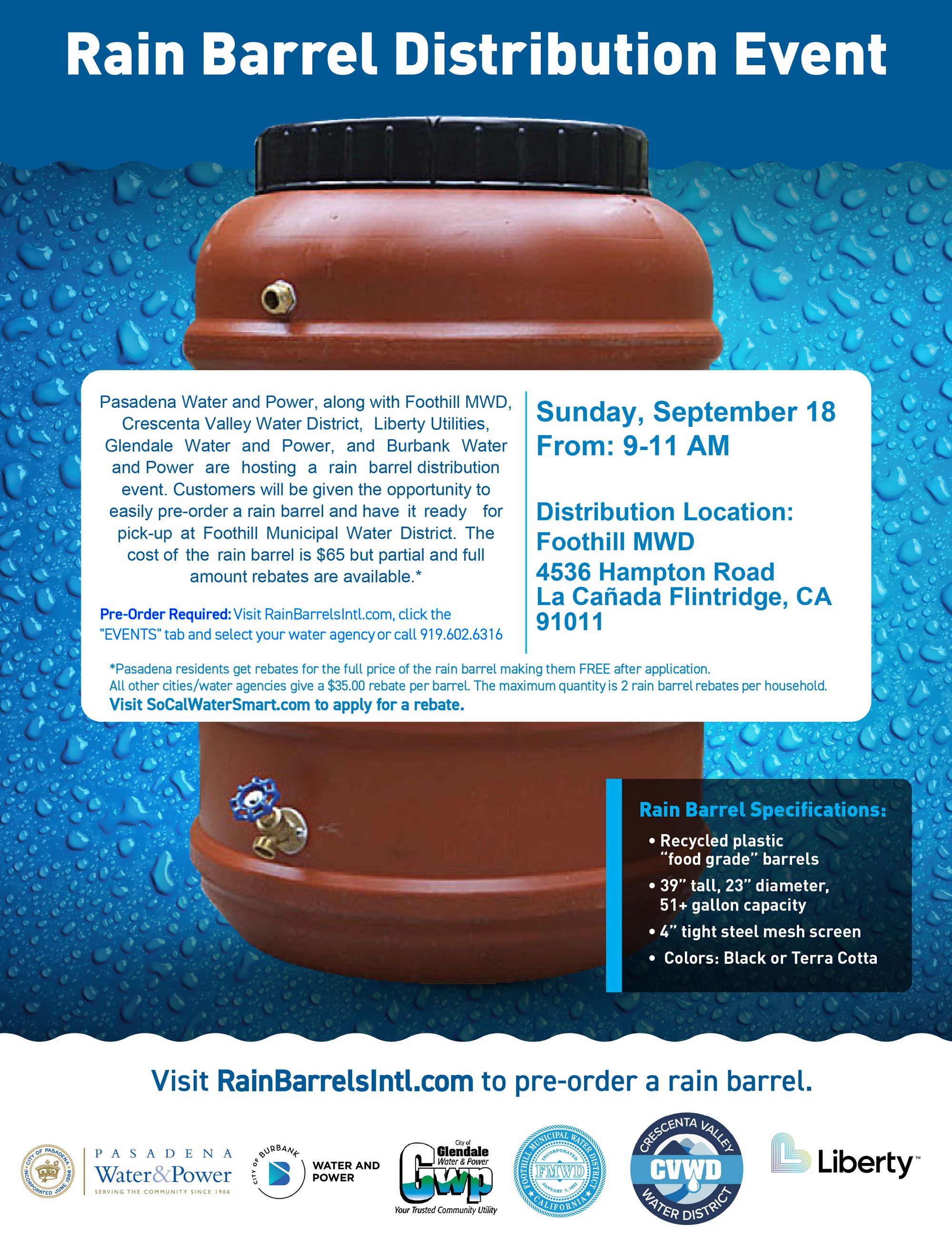 "Rain Barrel Distribution Event flyer with details on Sunday, September 18, 9-11 AM at Foothill MWD. Includes pre-order info and barrel specifications."