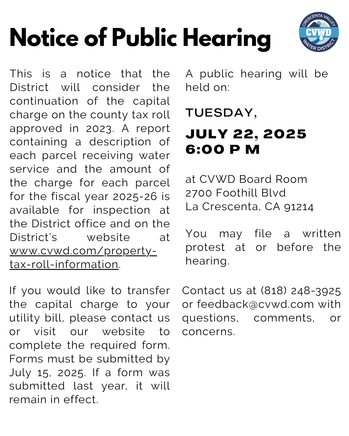 Notice of Public Hearing flyer for CVWD regarding capital charge on county tax roll, hearing on July 22, 2025, at 6 PM, contact info included.