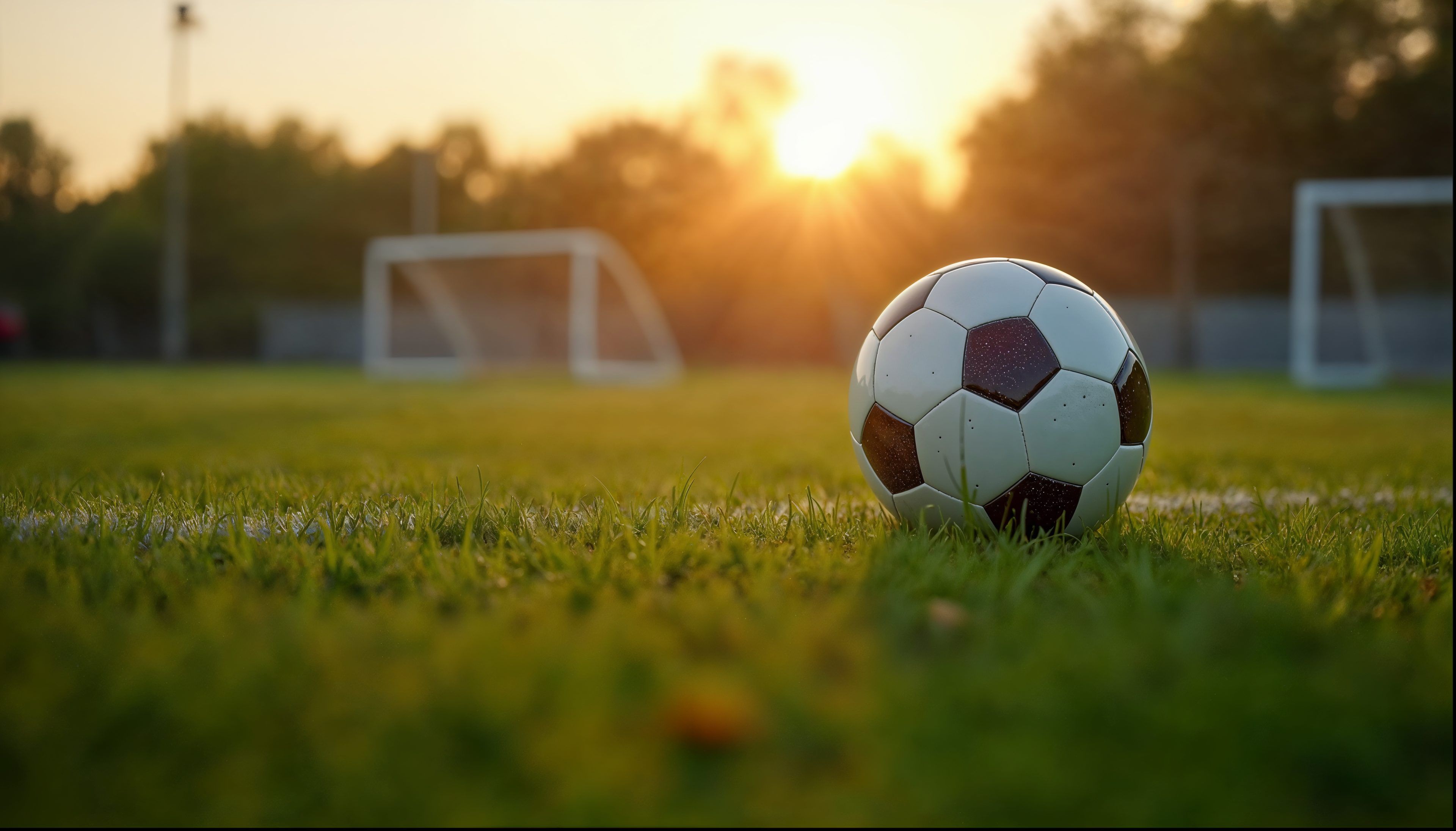 Soccer ball on grass field at sunset, with two goalposts in the background. Warm light creates a calm and inviting atmosphere.